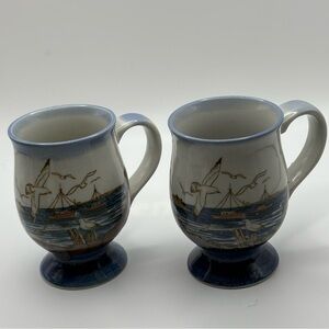 Vintage Otagiri Blue grey Nautical Footed Mugs seagulls boats